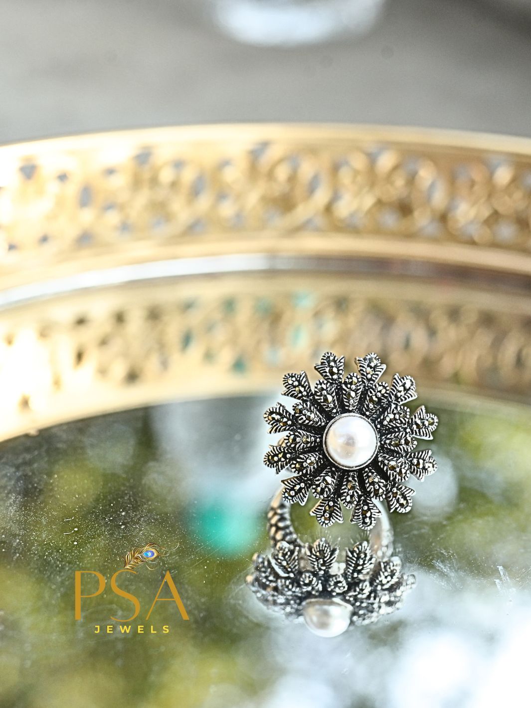 Marcasite Flower Ring With Pearl - PSA Jewels
