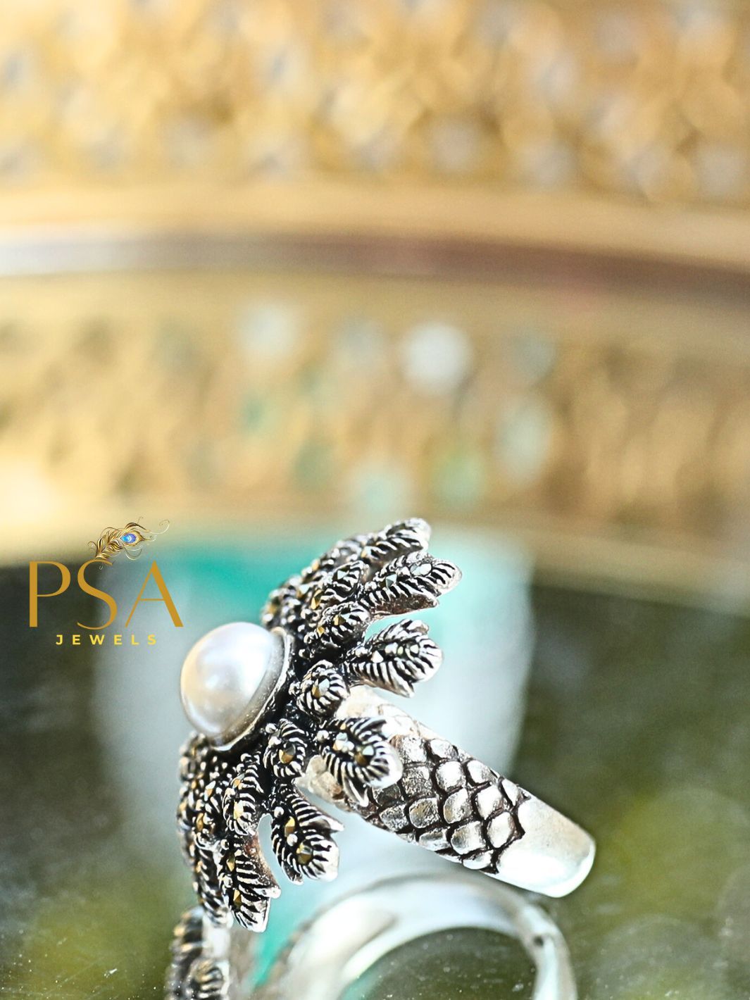 Marcasite Flower Ring With Pearl - PSA Jewels