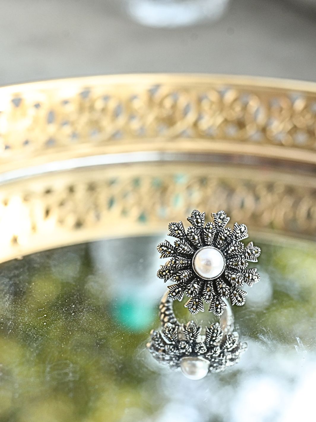 Marcasite Flower Ring With Pearl - PSA Jewels