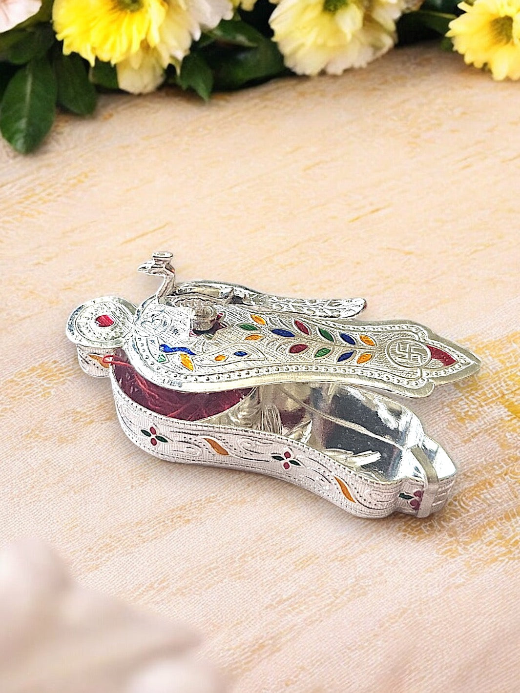 Colourful Enamel Peacock Design Haldi Kumkum Holder/Box/Dibbi - PSA Jewels