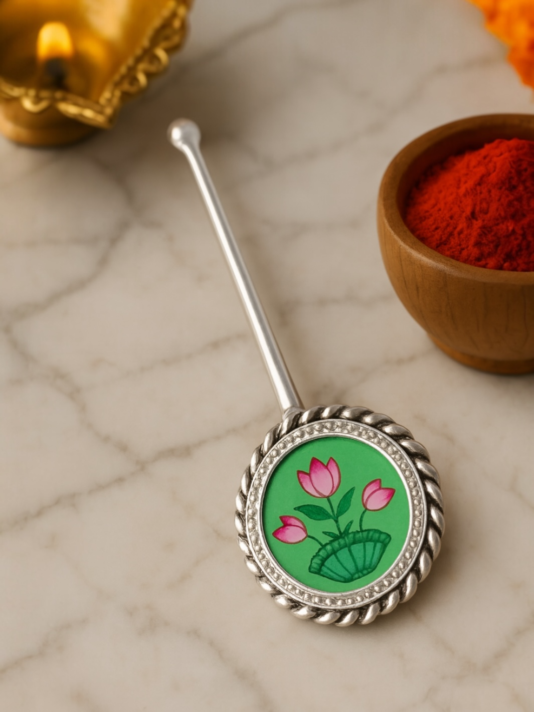 Pure Silver Hand-painted Circle Shaped Antique Pooja tilakstick