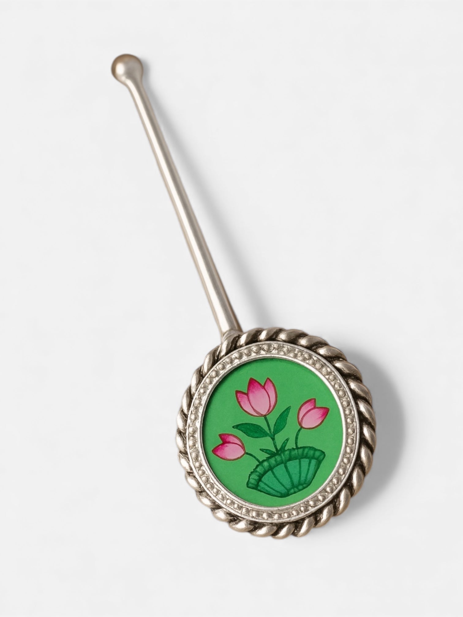 Pure Silver Hand-painted Circle Shaped Antique Pooja tilakstick