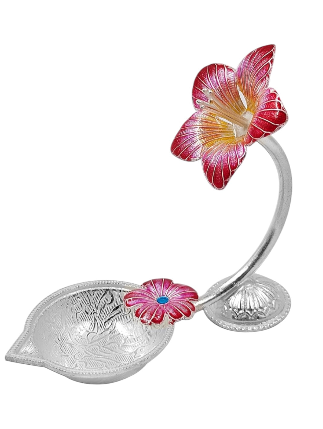 Pure Silver Antique Diya with Red Colour Enamel & Hibiscus Flower Shape Design