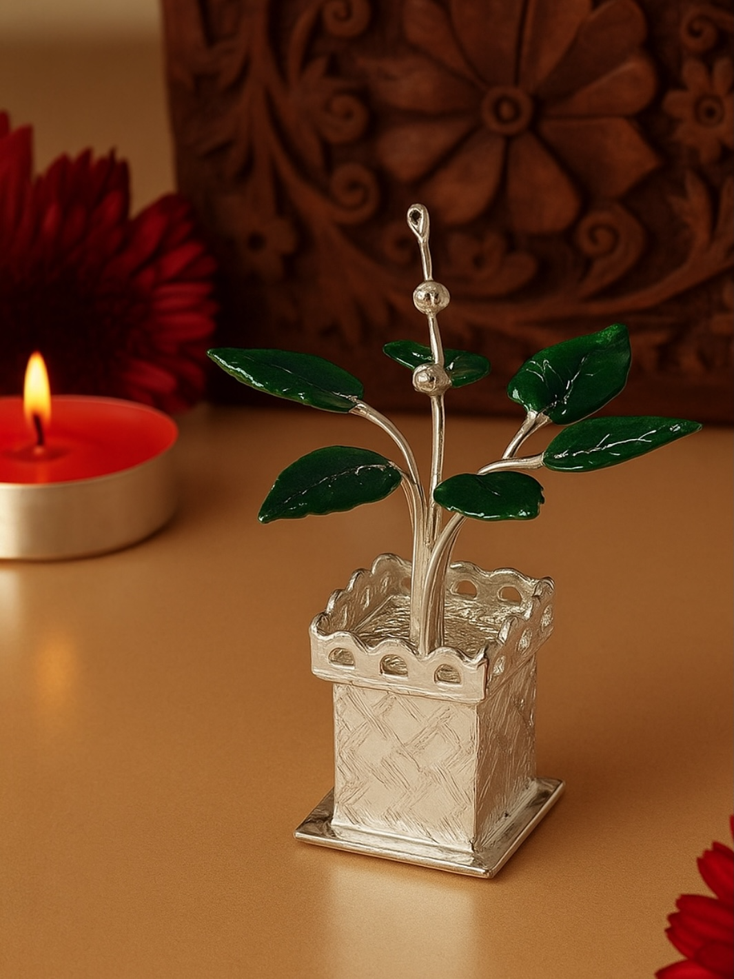 Pure Silver Antique Mini Tulsi Plant/Basil Rosary Plant