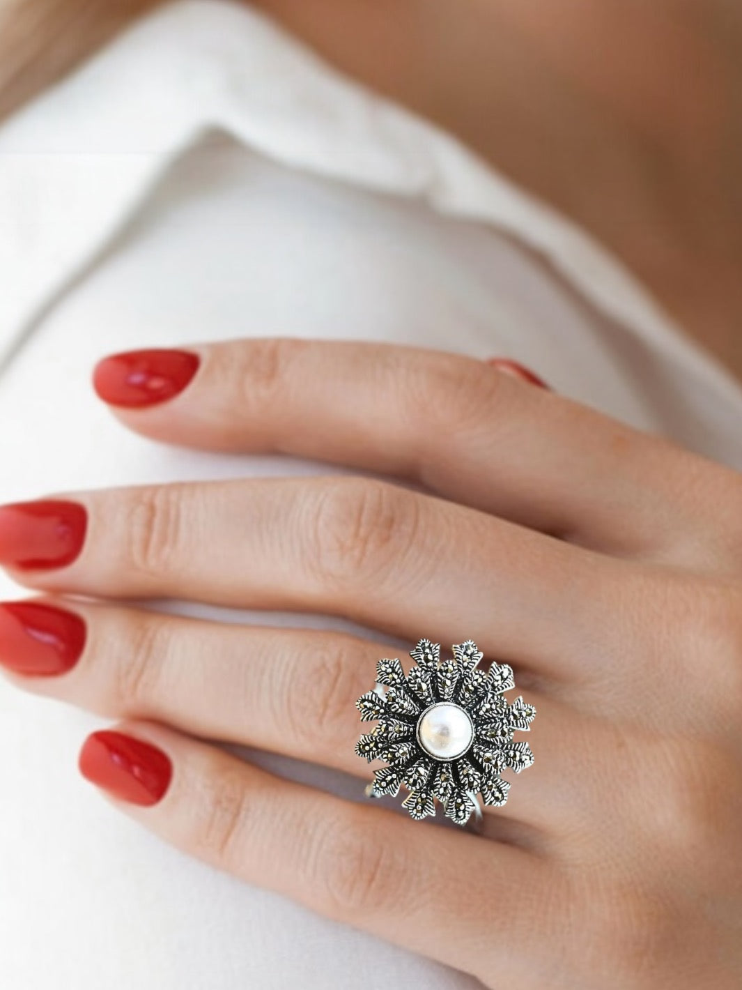 Marcasite Flower Ring With Pearl - PSA Jewels