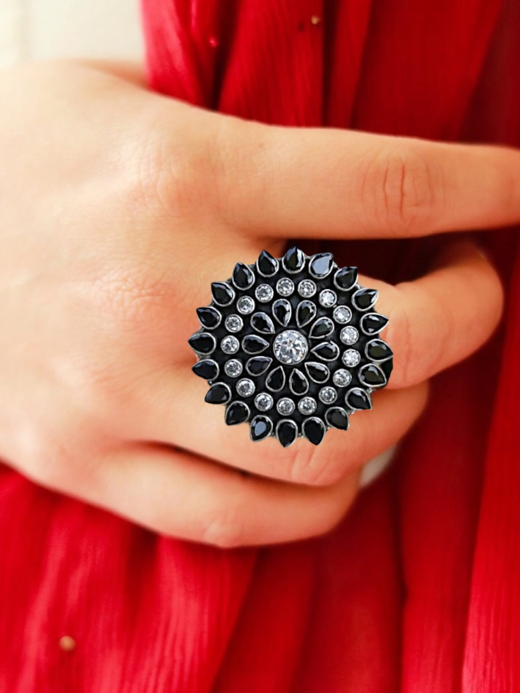Black and White Floral Ring - PSA Jewels