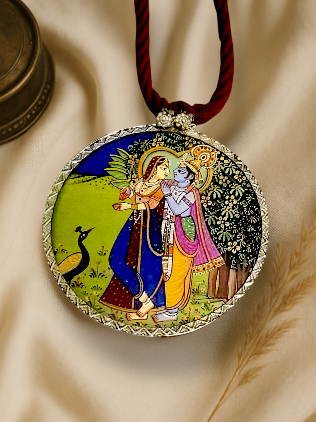 Radha Krishna Hand Painted Silver Pendant