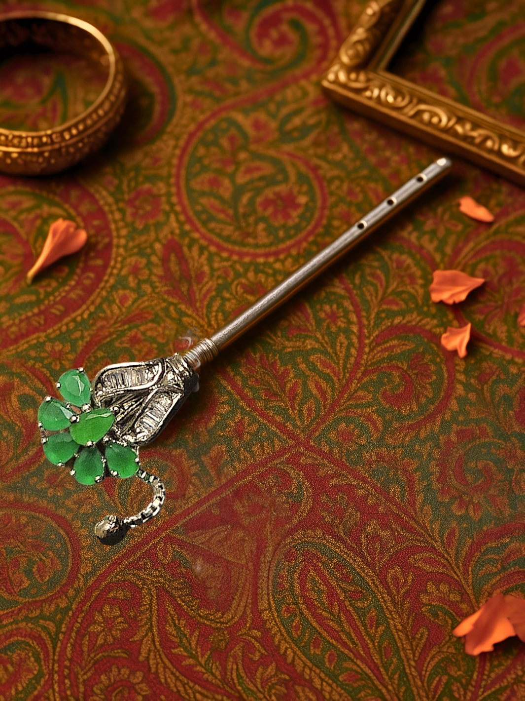 Pure Silver Handmade Emerald Flower Flute