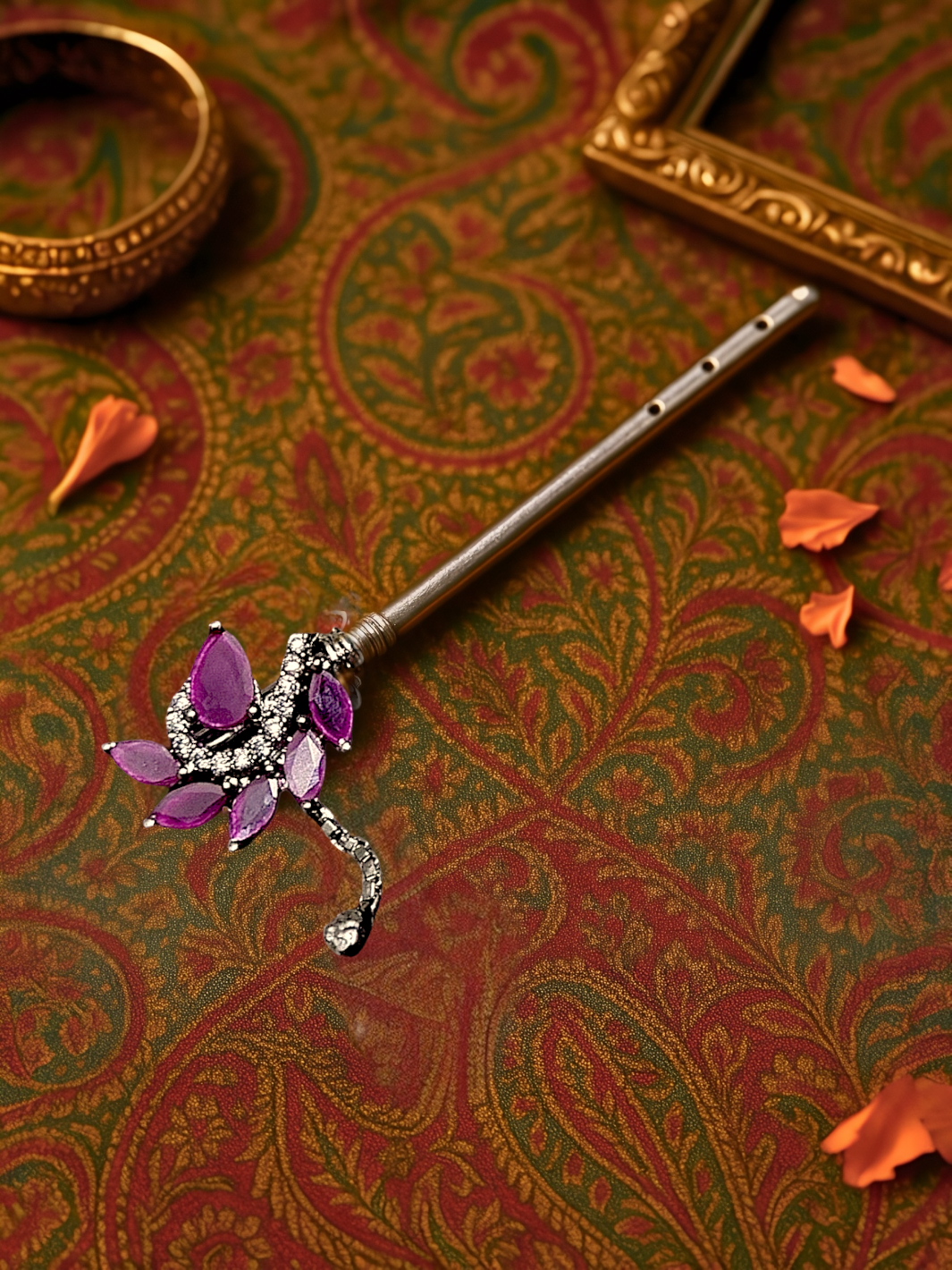 Pure Silver Handmade Ruby Stone Flute
