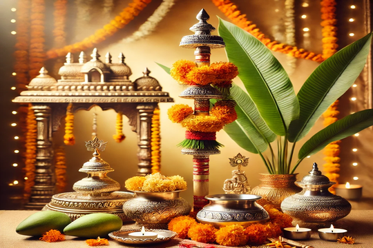  “A beautifully decorated Gudi Padwa setup featuring a traditional Gudi with a silver kalash, marigold flowers, mango leaves, and silver pooja essentials like a silver diya, aarti thali, and idols, creating a festive and spiritual ambiance.”