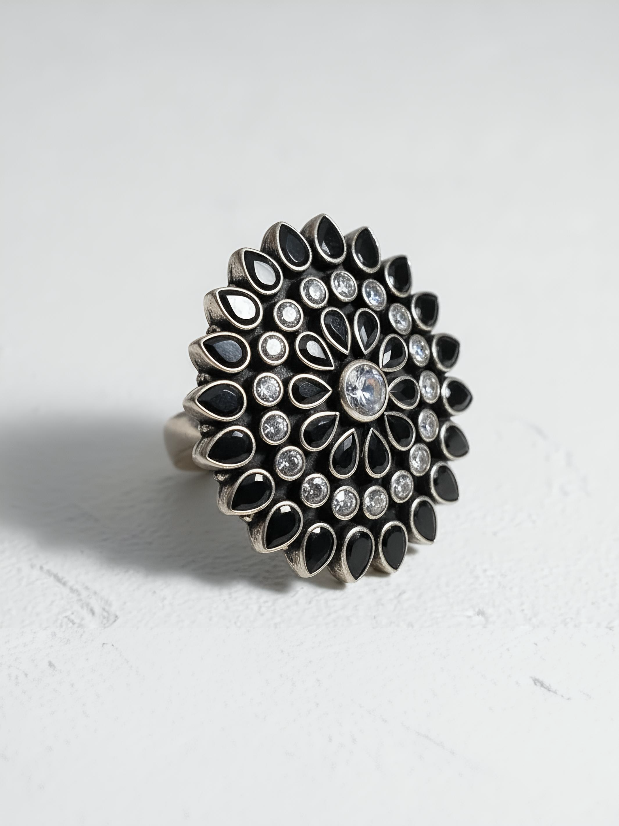 Black and White Floral Pure Silver Ring