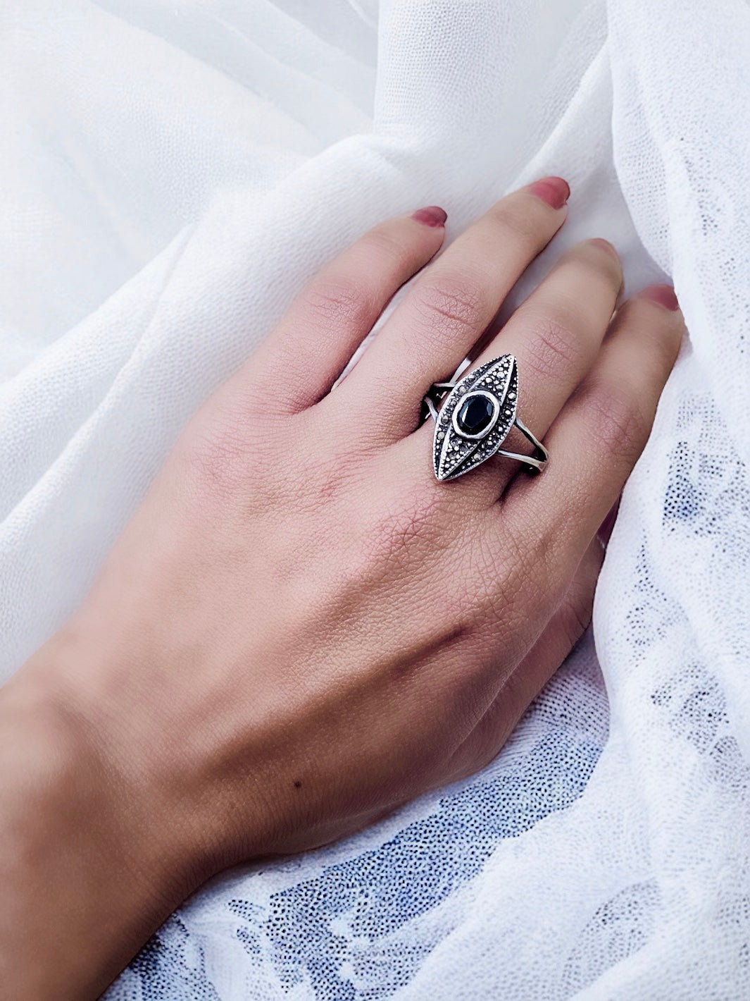 Marcasite Evil Eye Nazar Hematite Ring