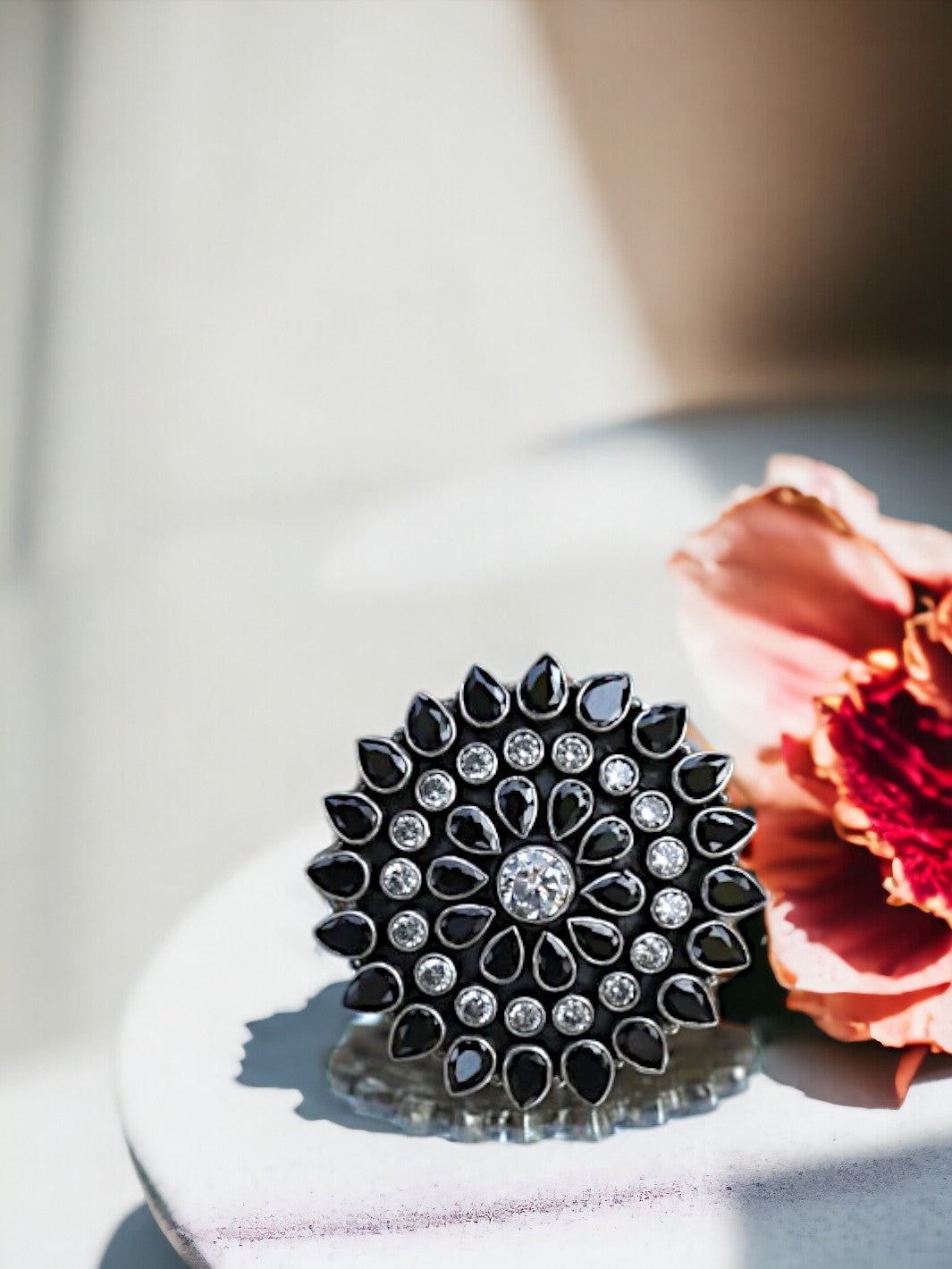 Black and White Floral Ring - PSA Jewels