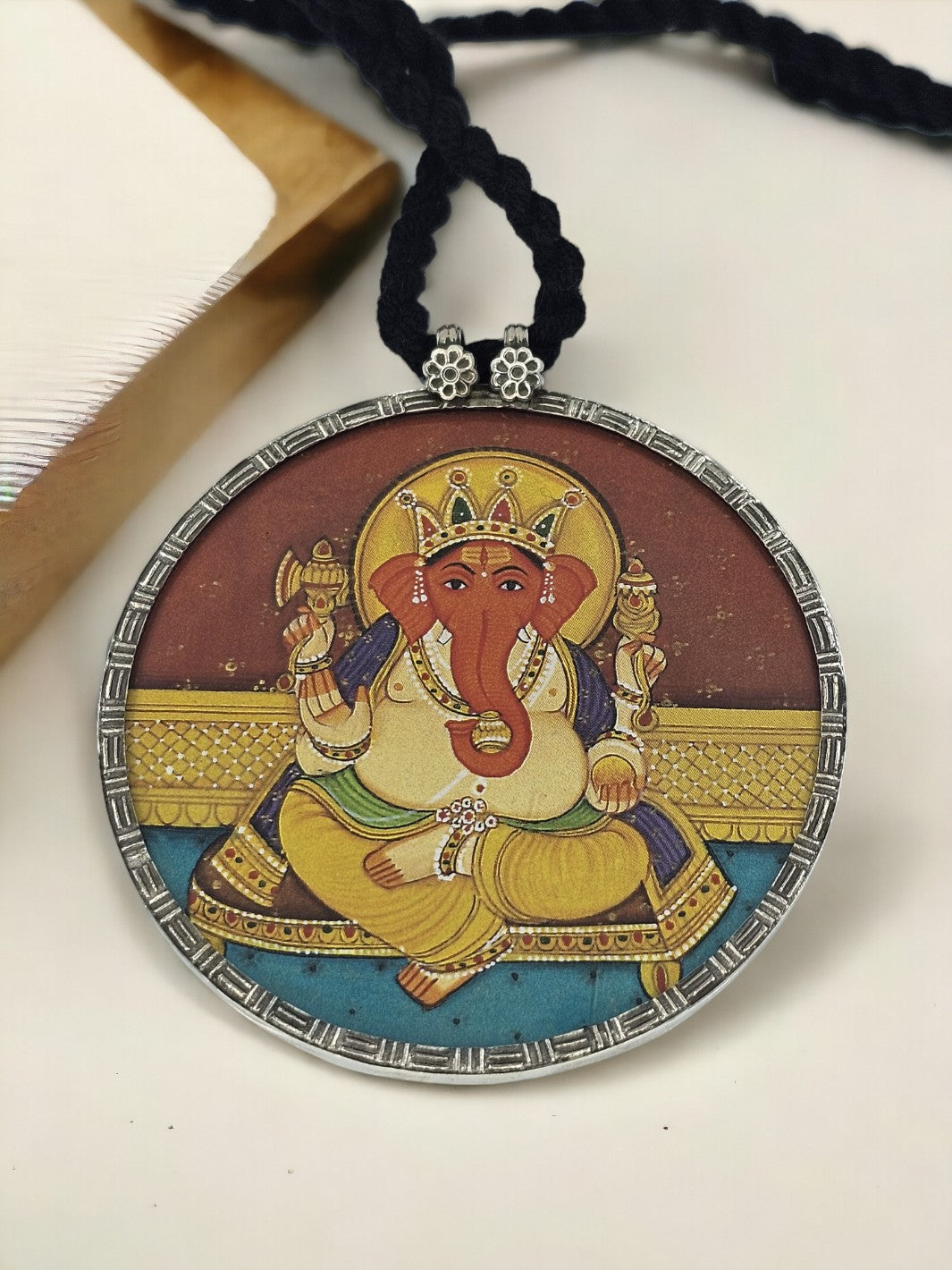 Lord Ganesha Hand Painted Silver Pendant