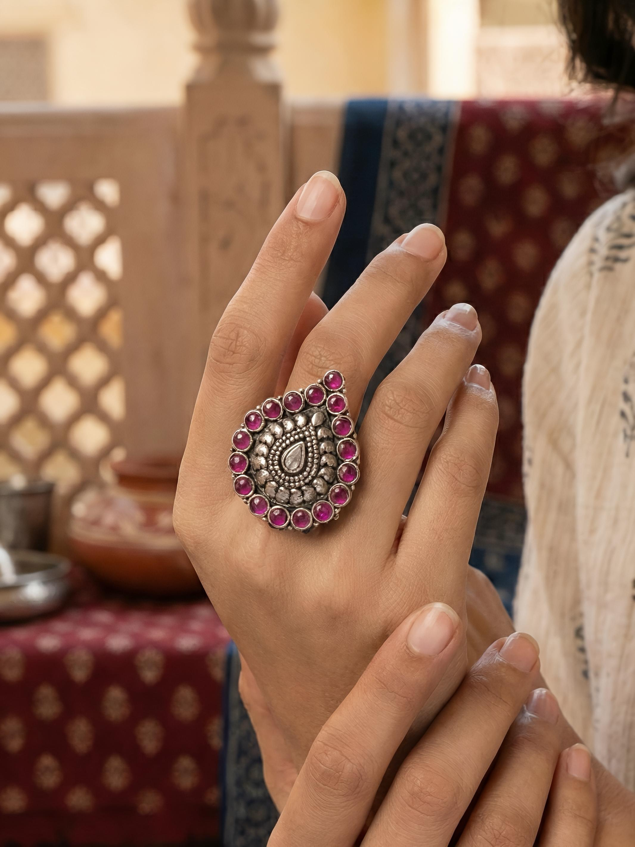 Ruby Diamond Shaped Pure Silver Ring