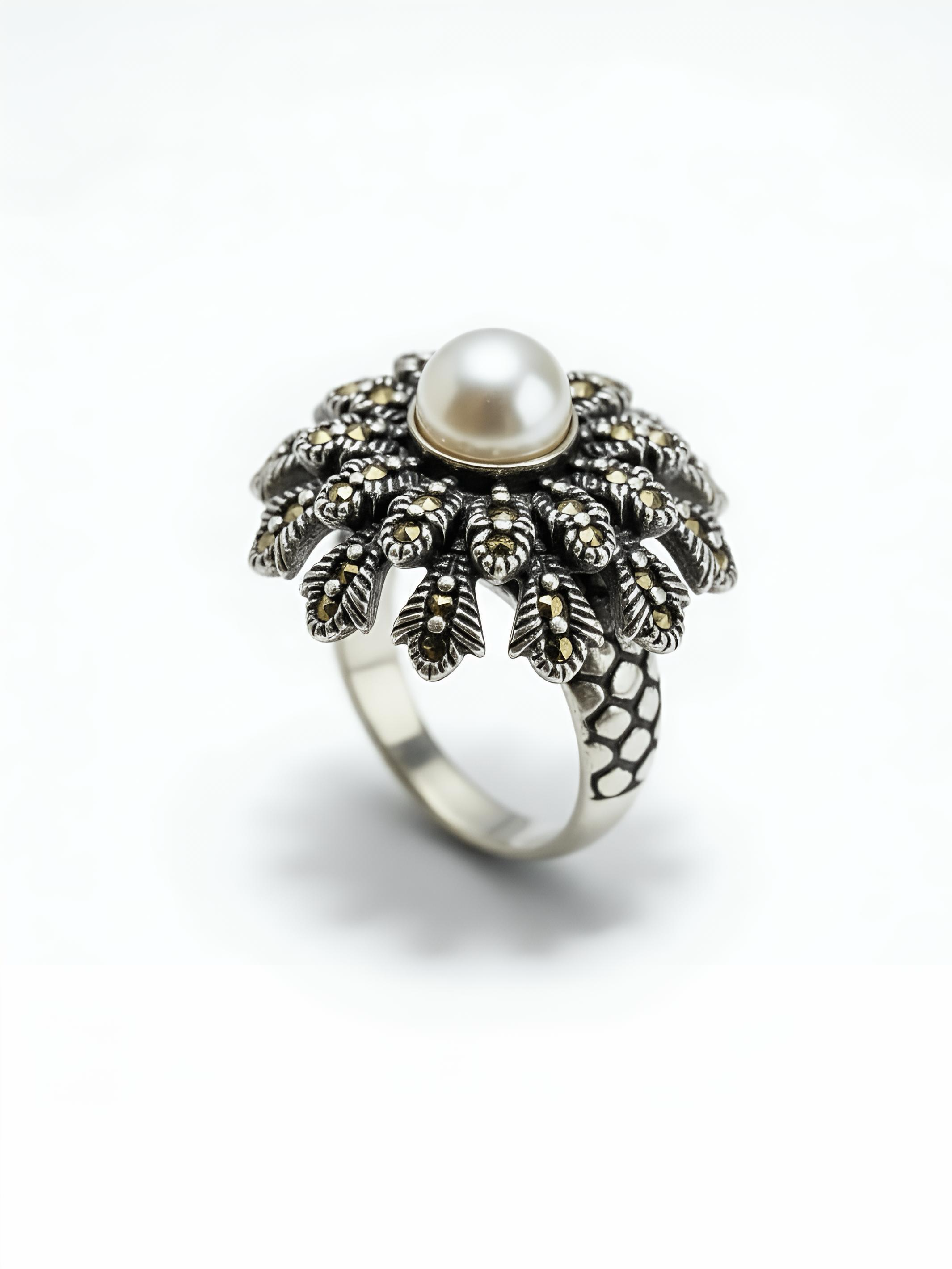 Marcasite Flower Pure Silver Ring With Pearl