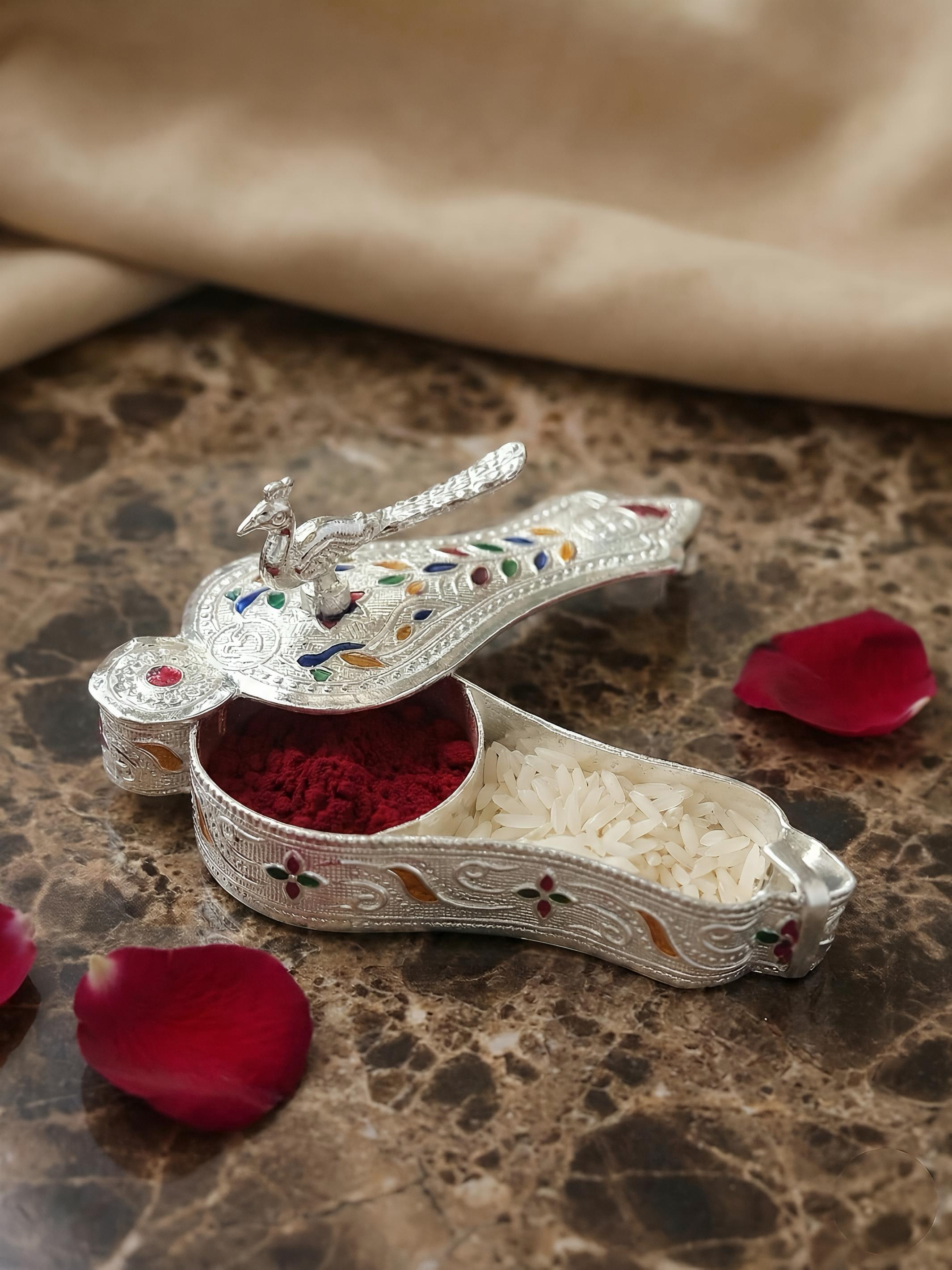 Colourful Enamel Peacock Design Haldi Kumkum Holder/Box/Dibbi