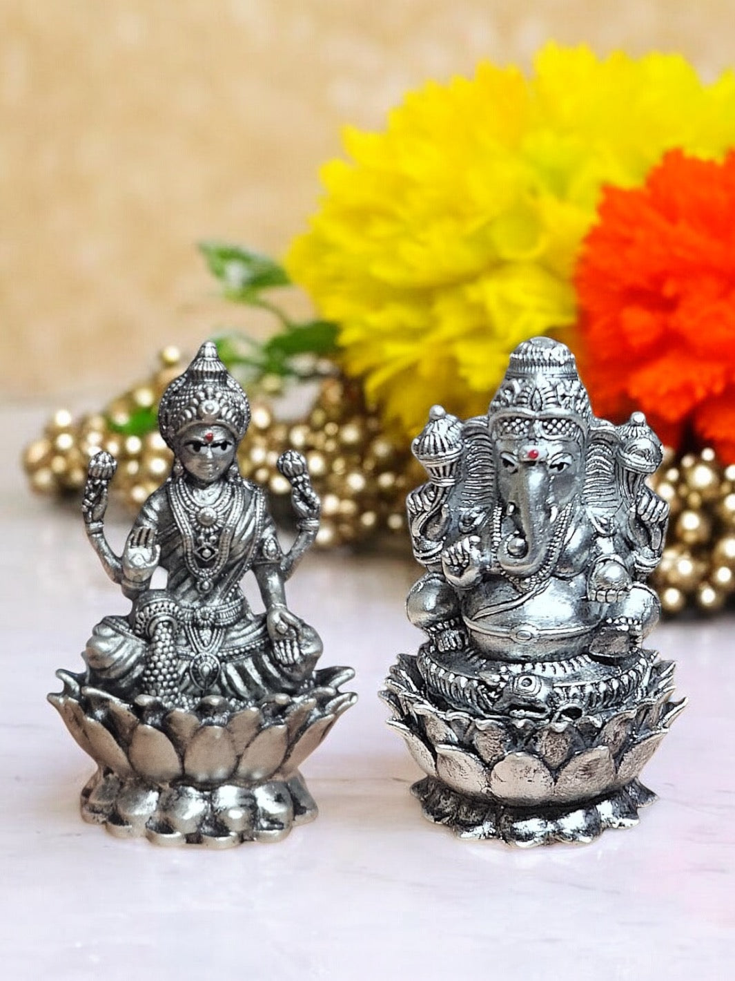 Pure Antique Silver Laxmiji Ganeshji Idol