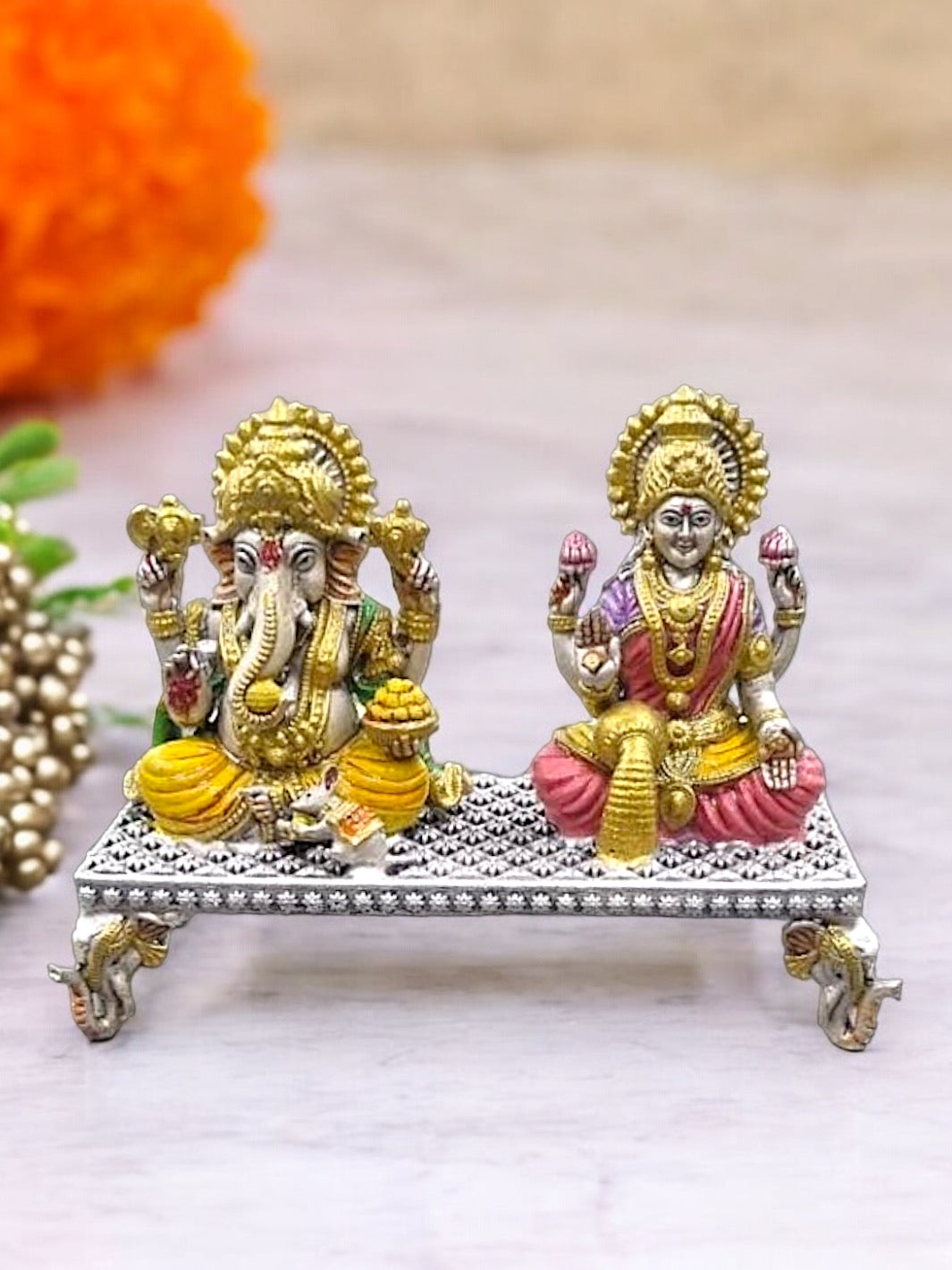 Pure Silver Enamel Lakshmi Ganesha Idol