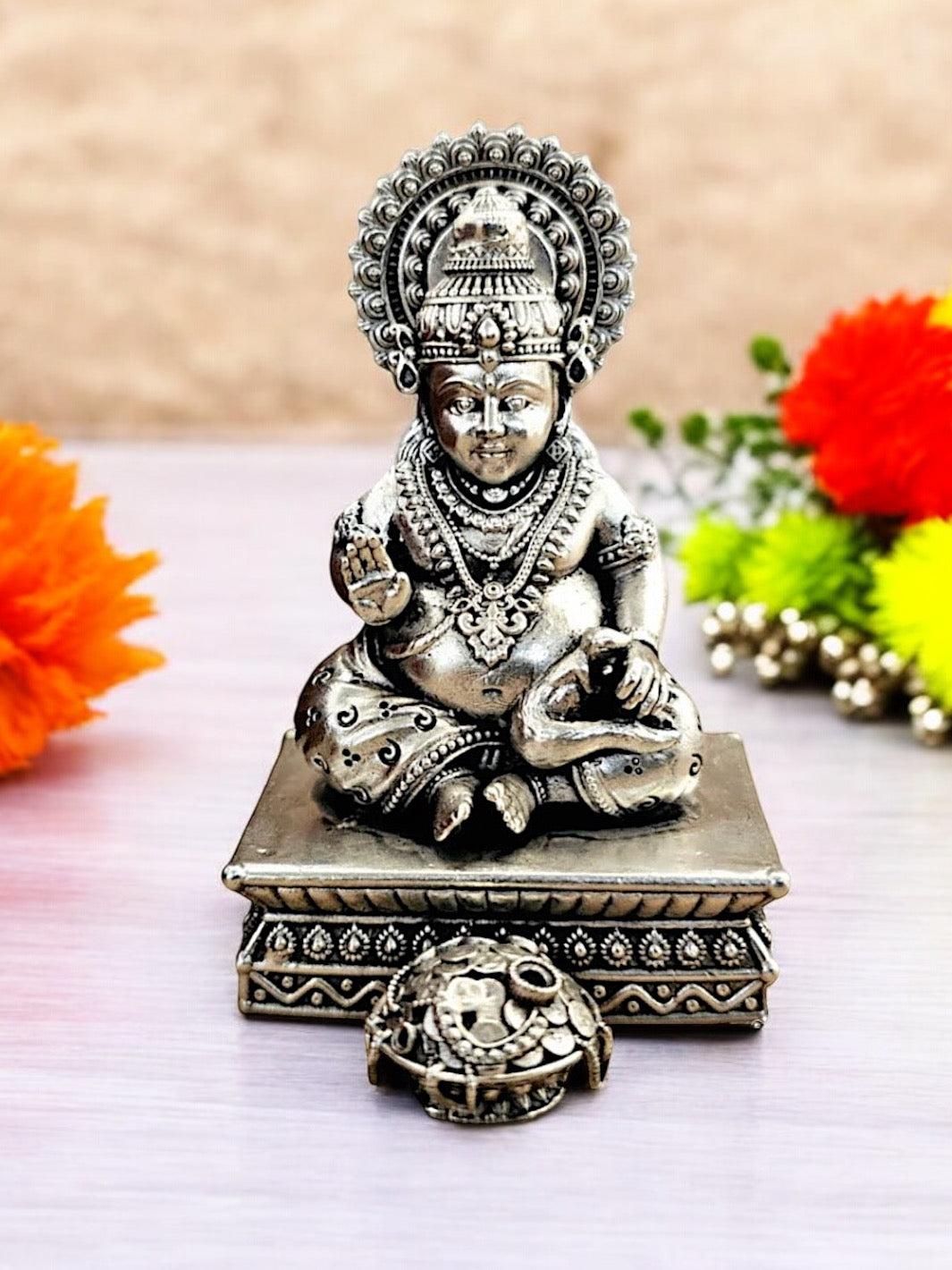 Pure Silver Kuber Bhandari Idol with coin pot