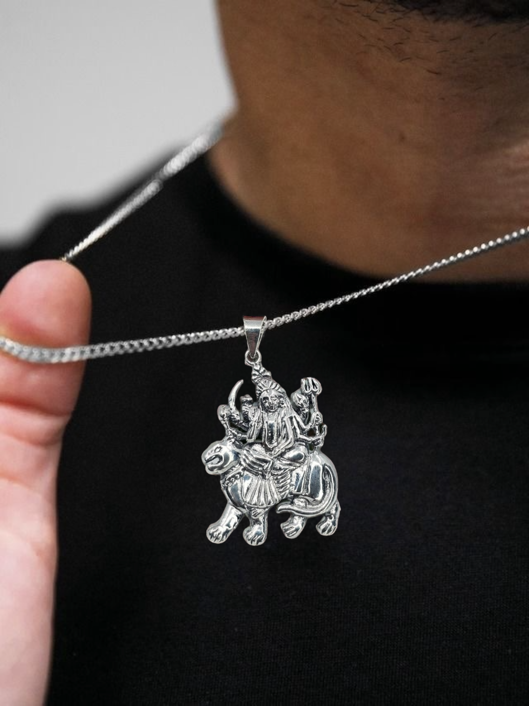 Pure Silver Maa Durga Pendant With Chain