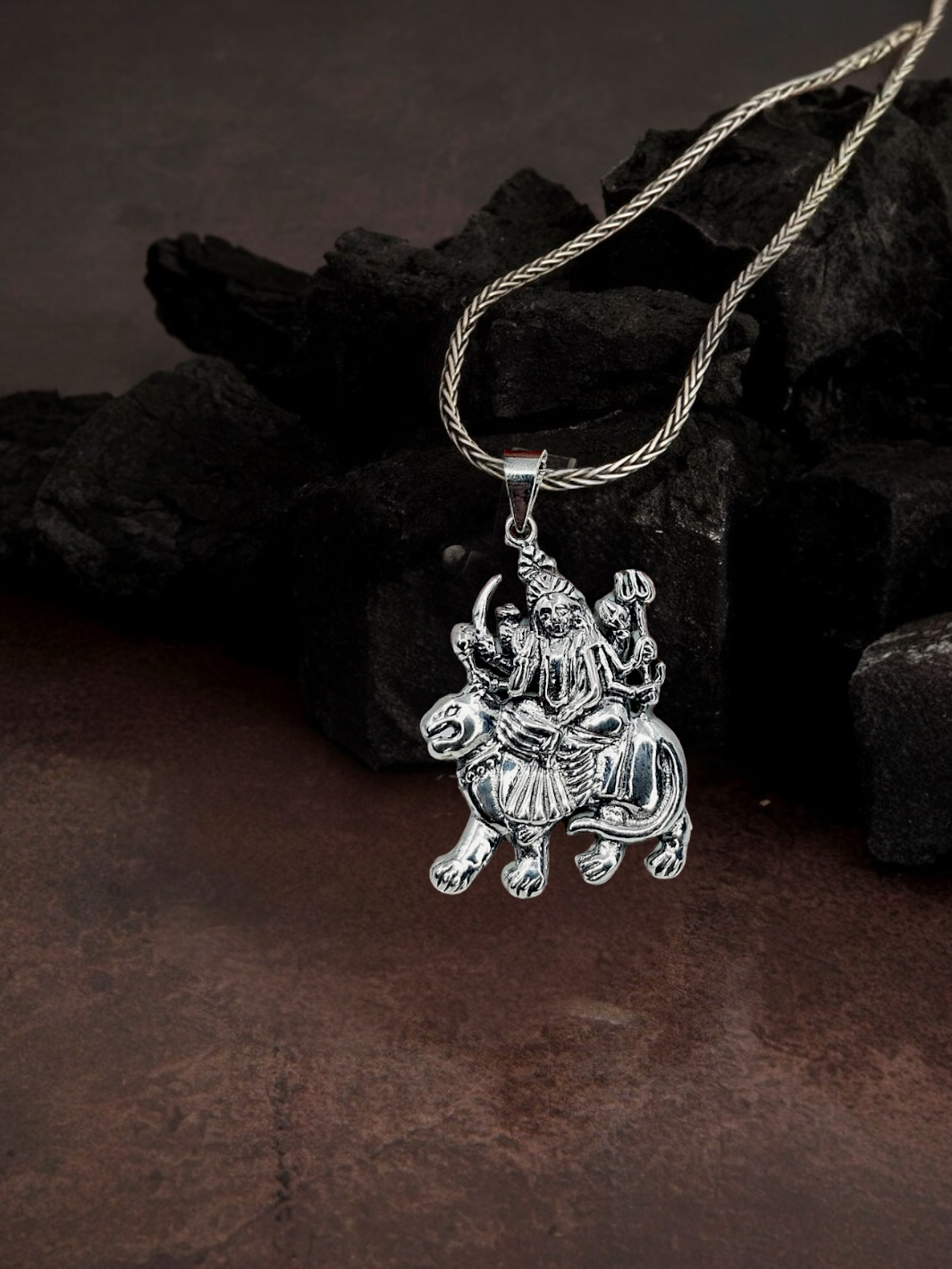 Pure Silver Maa Durga Pendant With Chain