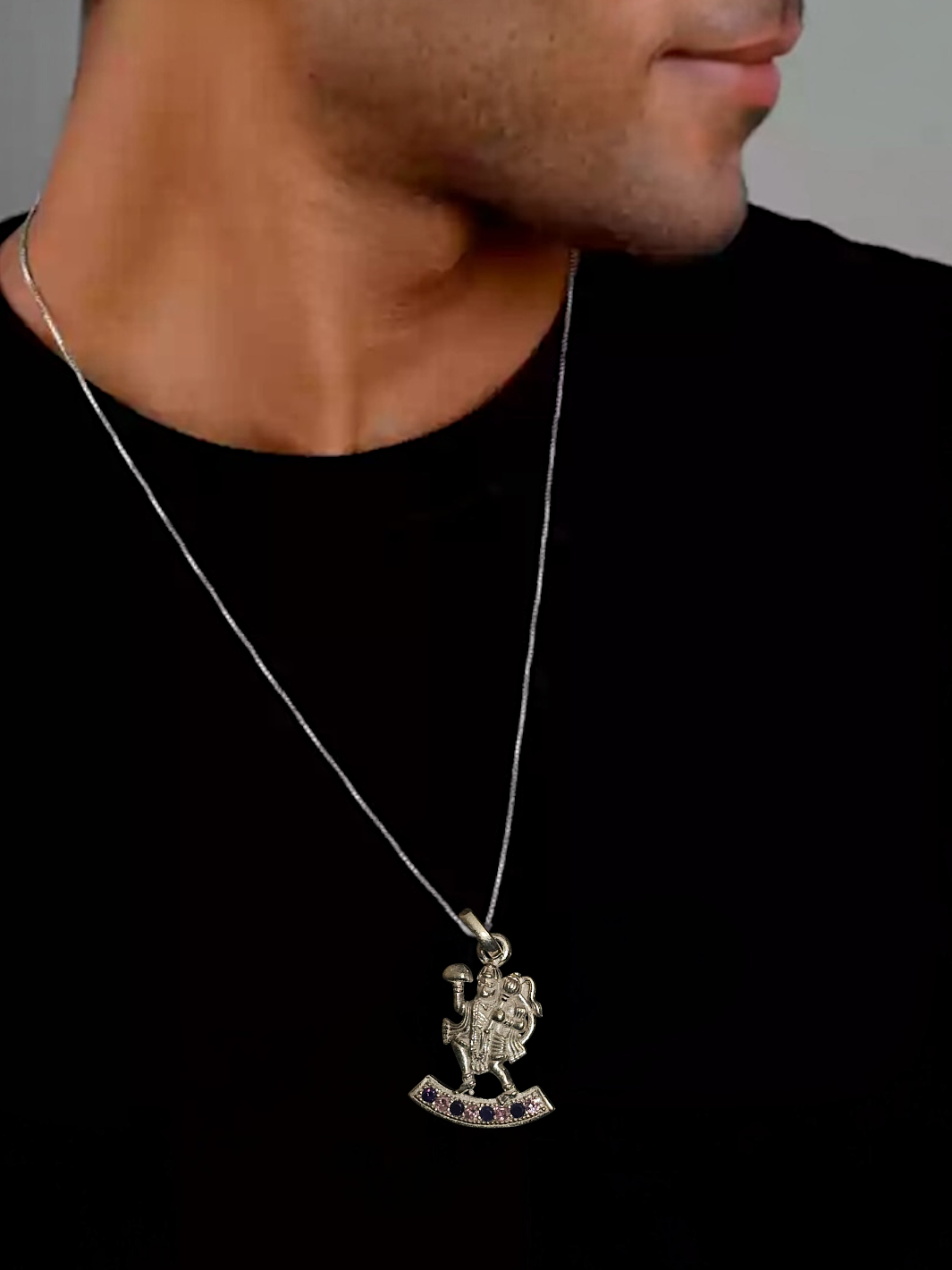 Lord Flying Hanuman with Sanjeevani Mountain Silver Pendant and Chain