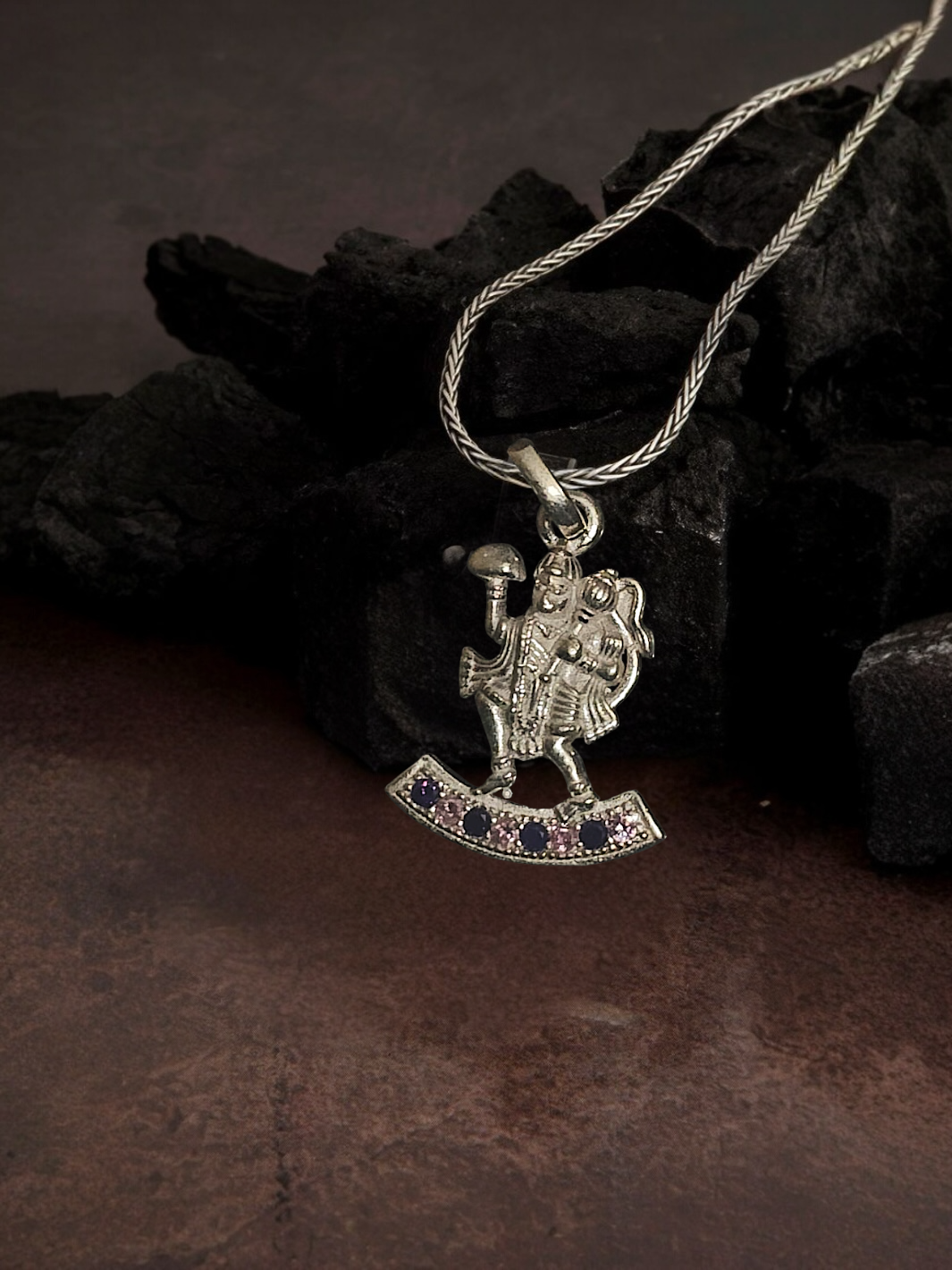 Lord Flying Hanuman with Sanjeevani Mountain Silver Pendant and Chain