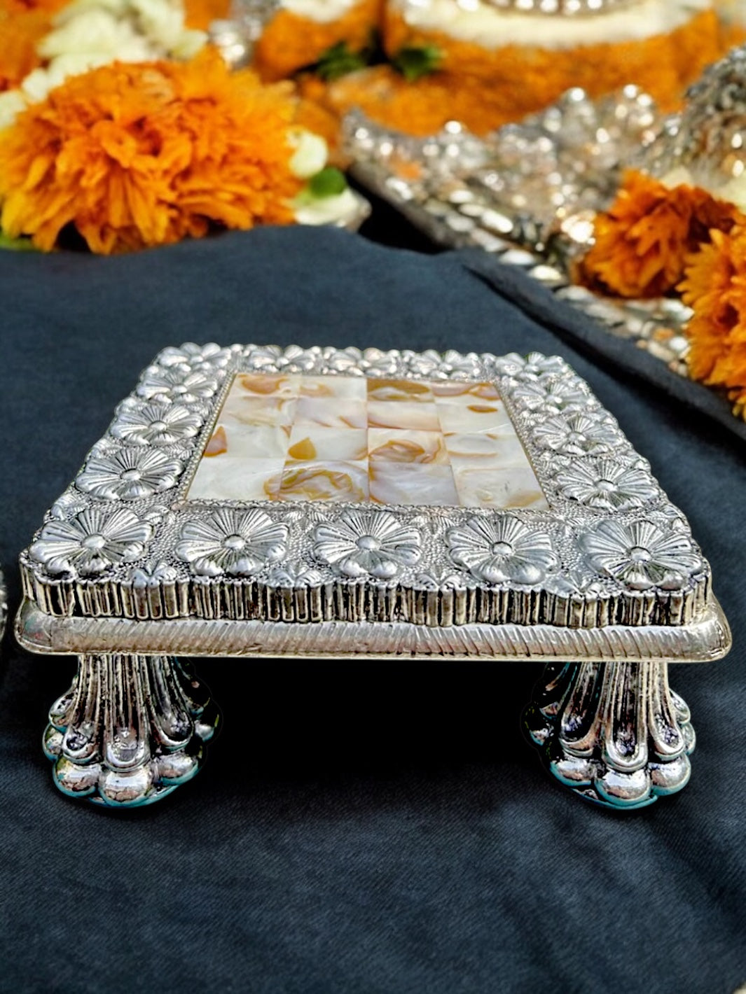 Pure Silver Mother of Pearl Chowki