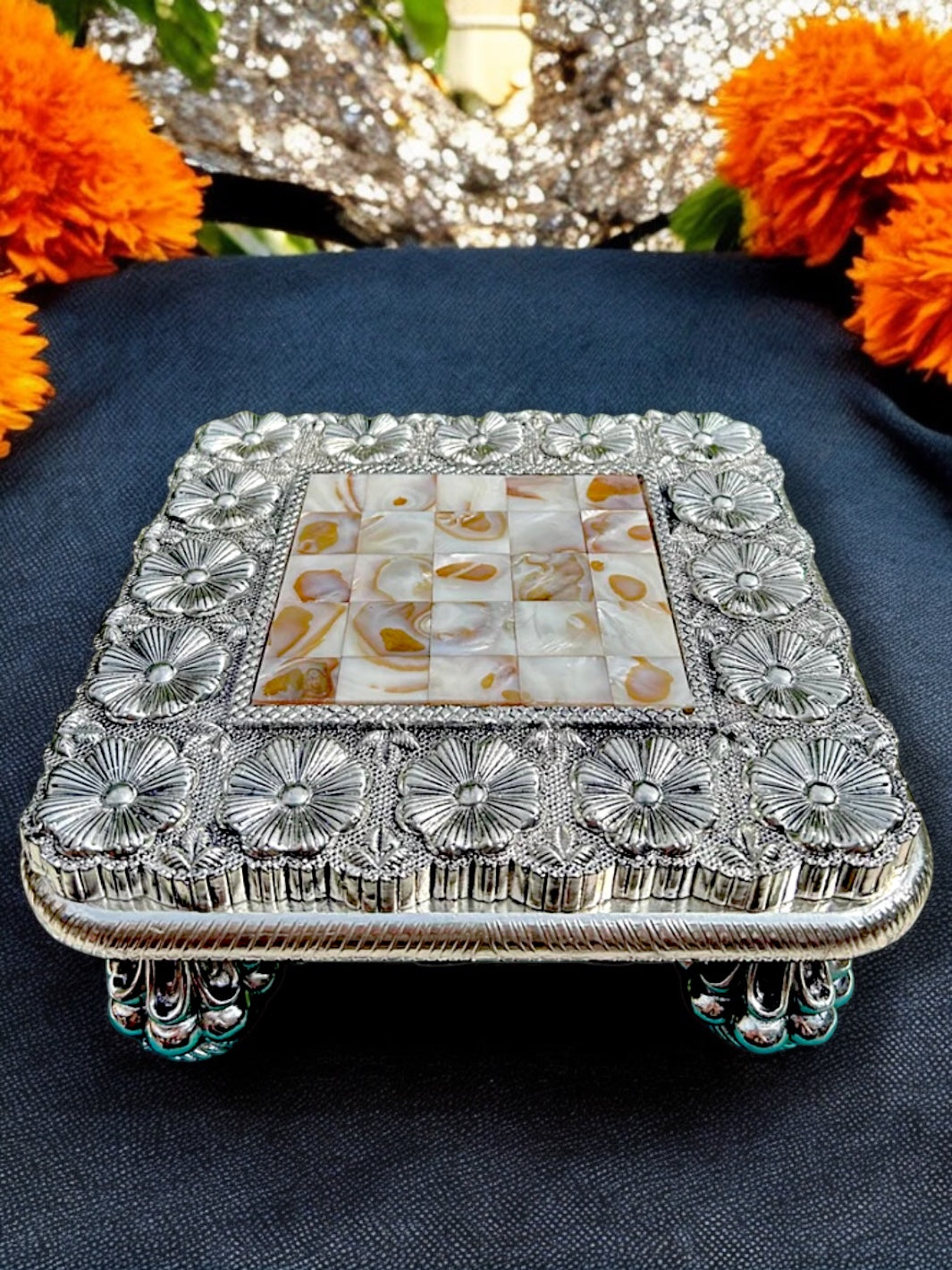 Pure Silver Mother of Pearl Chowki