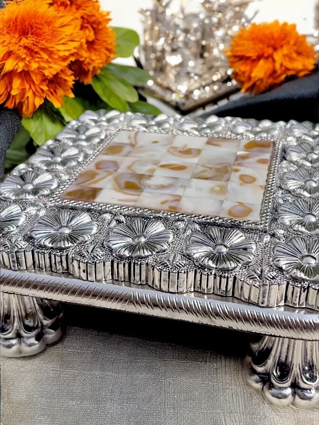 Pure Silver Mother of Pearl Chowki