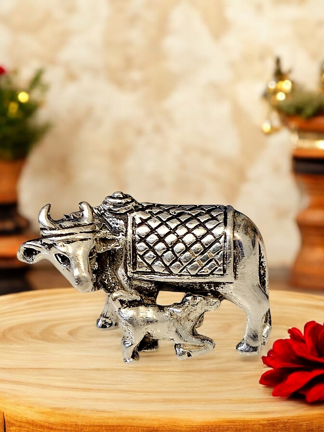 Pure Silver Kamdhenu Cow and Calf Idol