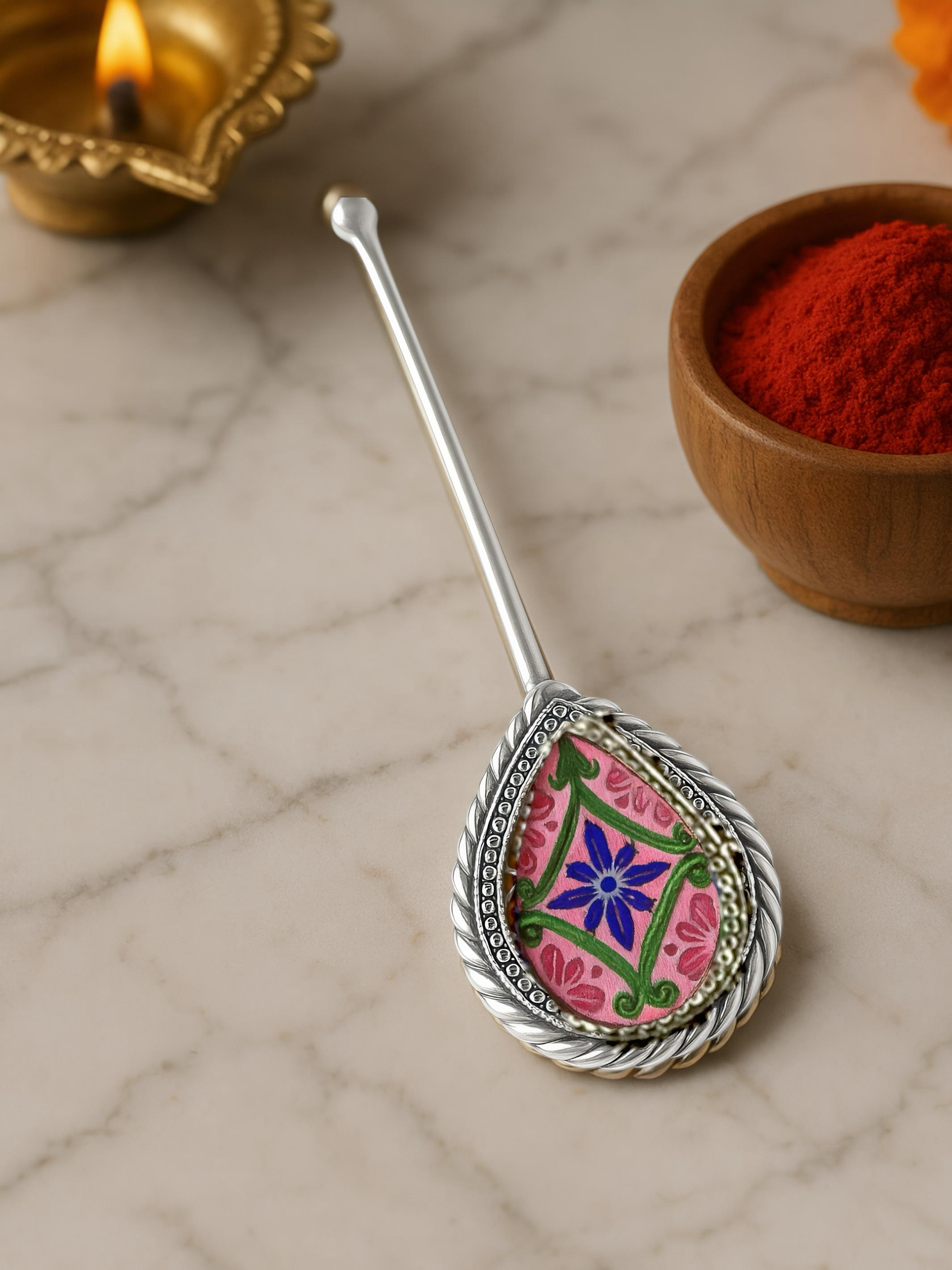 Pure Silver Hand-painted Pear Shaped Antique Pooja tilakstick