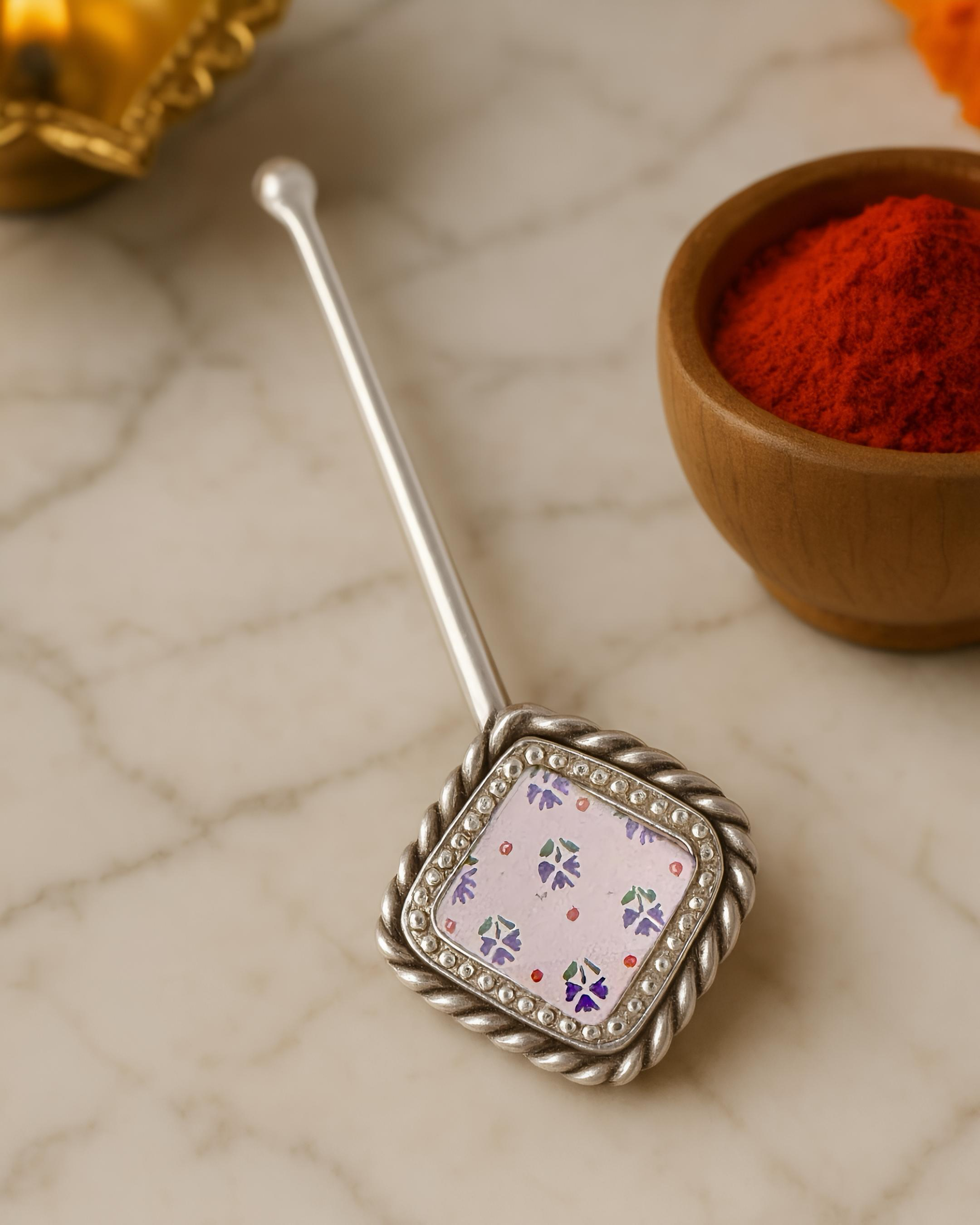 Pure Silver Hand-painted Diamond Shaped Antique Pooja tilakstick