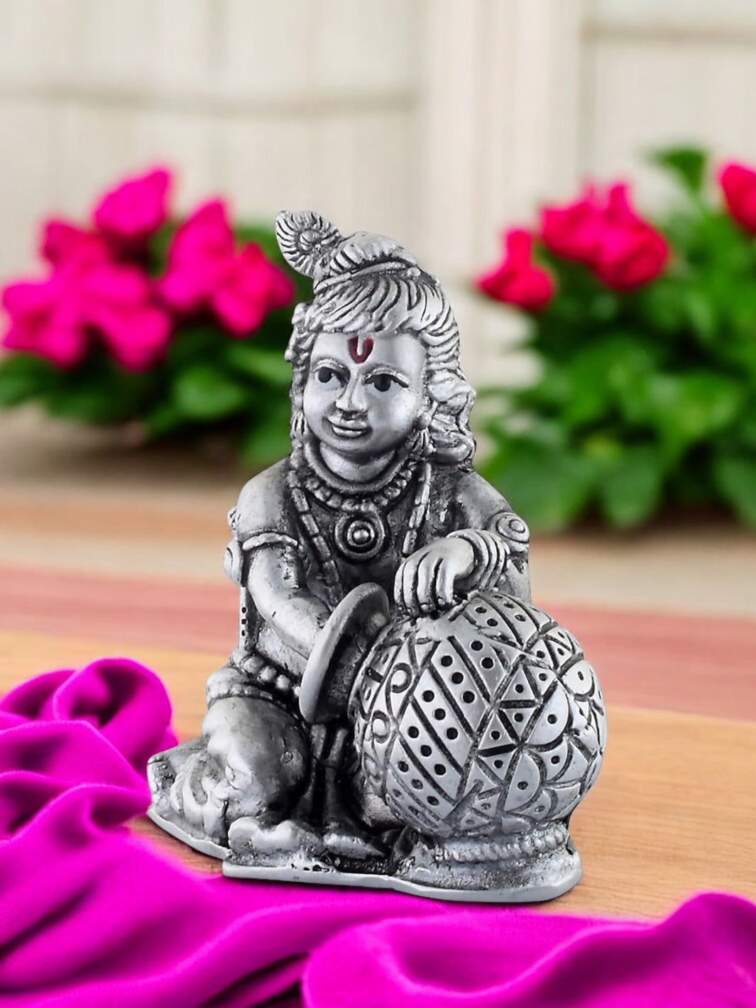 Pure Silver Antique Finish Mini Makhan Bal Gopal Krishna Idol