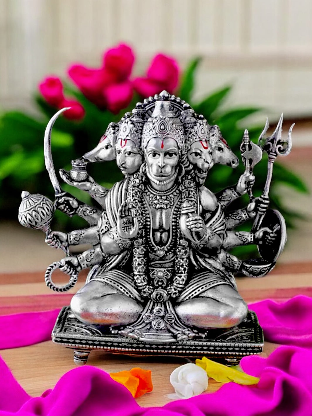 Lord Hanuman Pure Silver Antique Statue, Multi-Armed Panchmukhi Idol