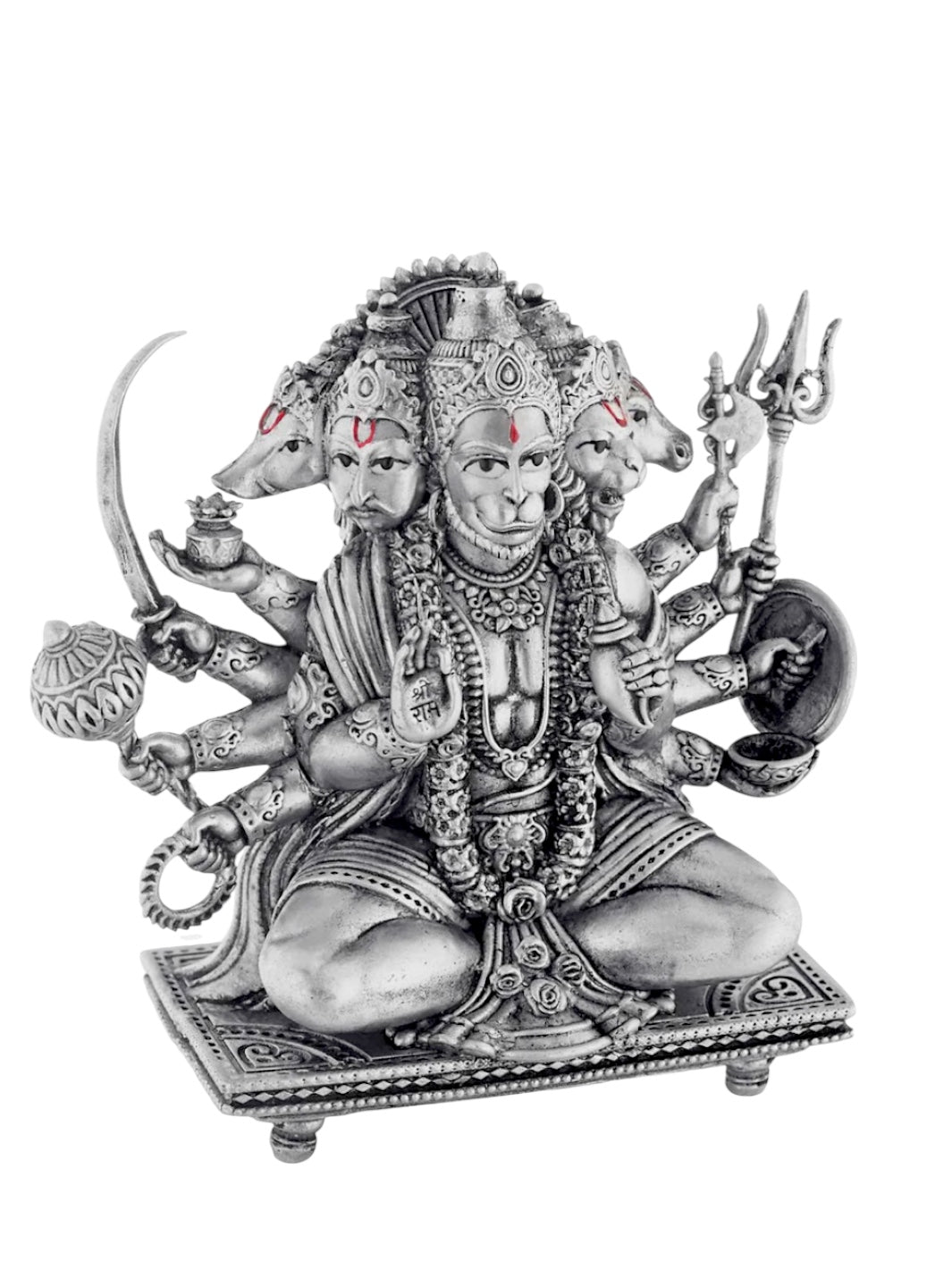 Lord Hanuman Pure Silver Antique Statue, Multi-Armed Panchmukhi Idol