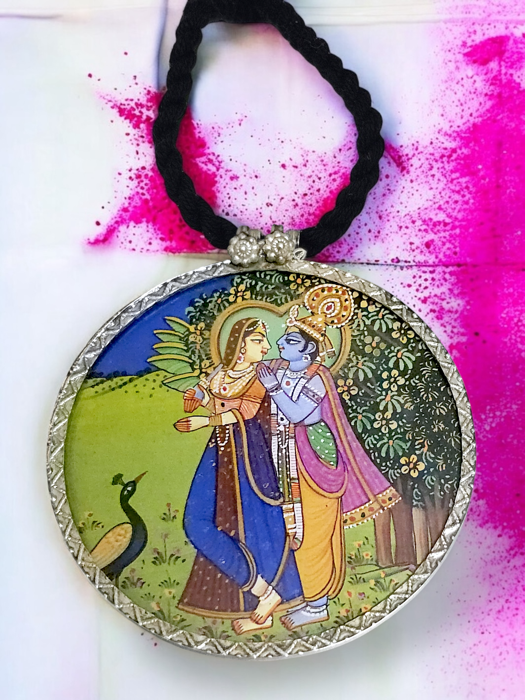 Radha Krishna Hand Painted Silver Pendant