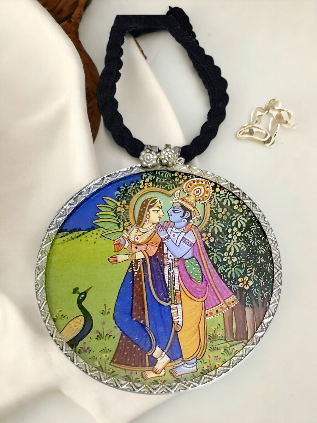 Radha Krishna Hand Painted Silver Pendant