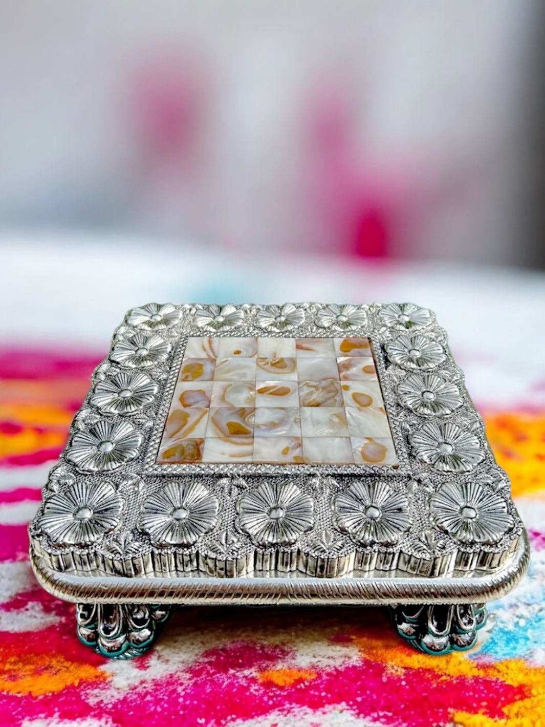 Pure Silver Mother of Pearl Chowki