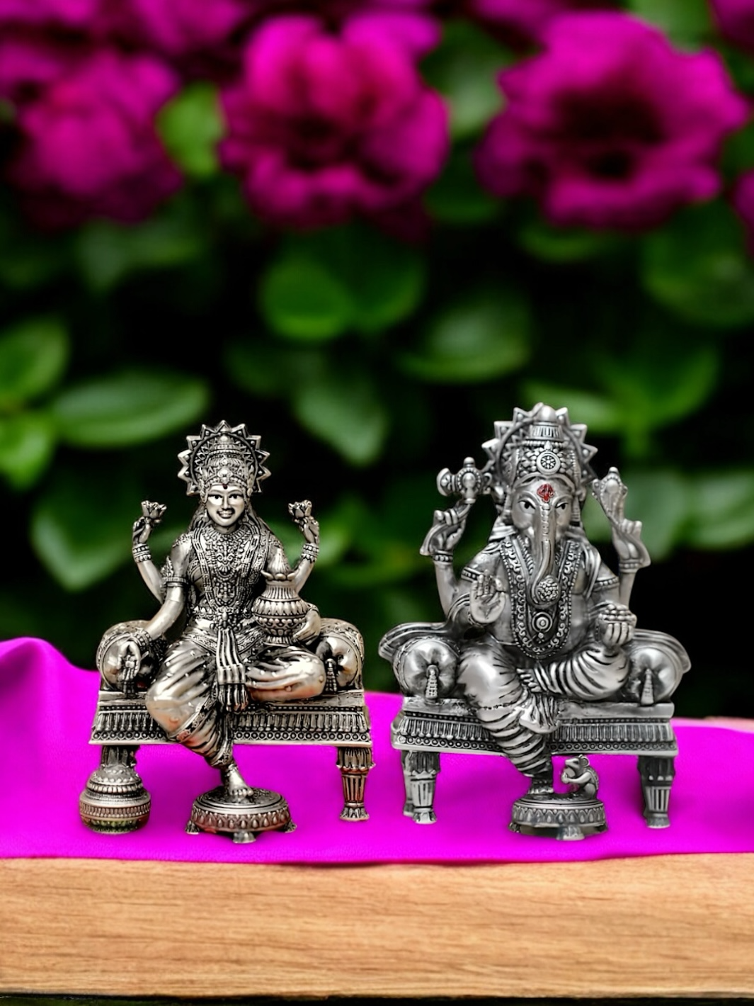 Pure Antique Silver Laxmiji Ganeshji Idol