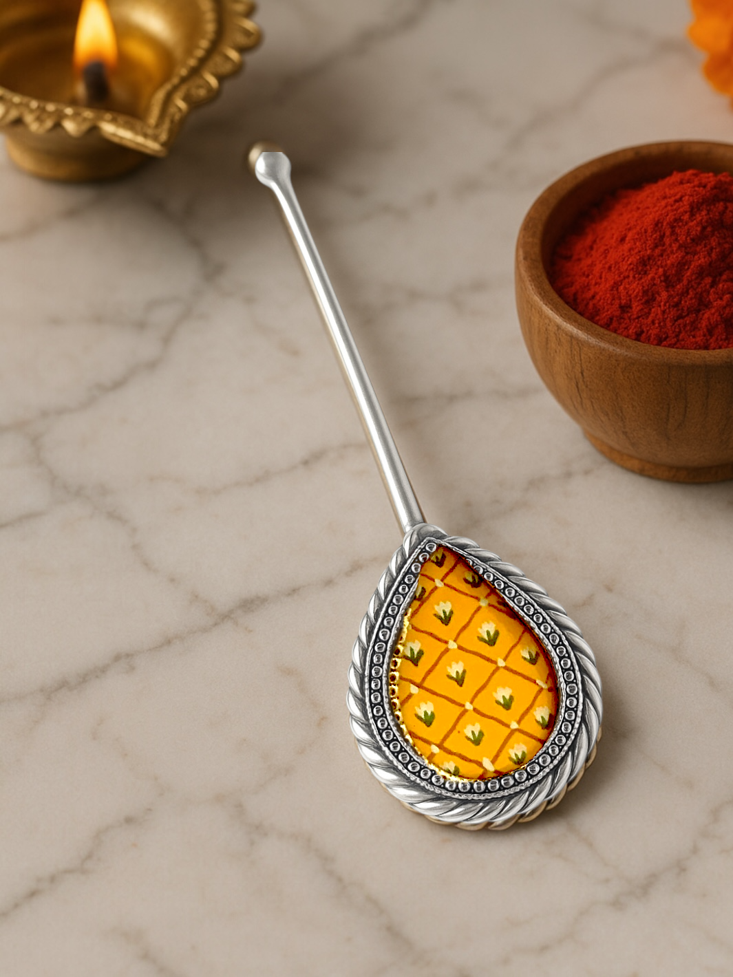 Pure Silver Hand-painted Yellow Antique Pooja tilakstick