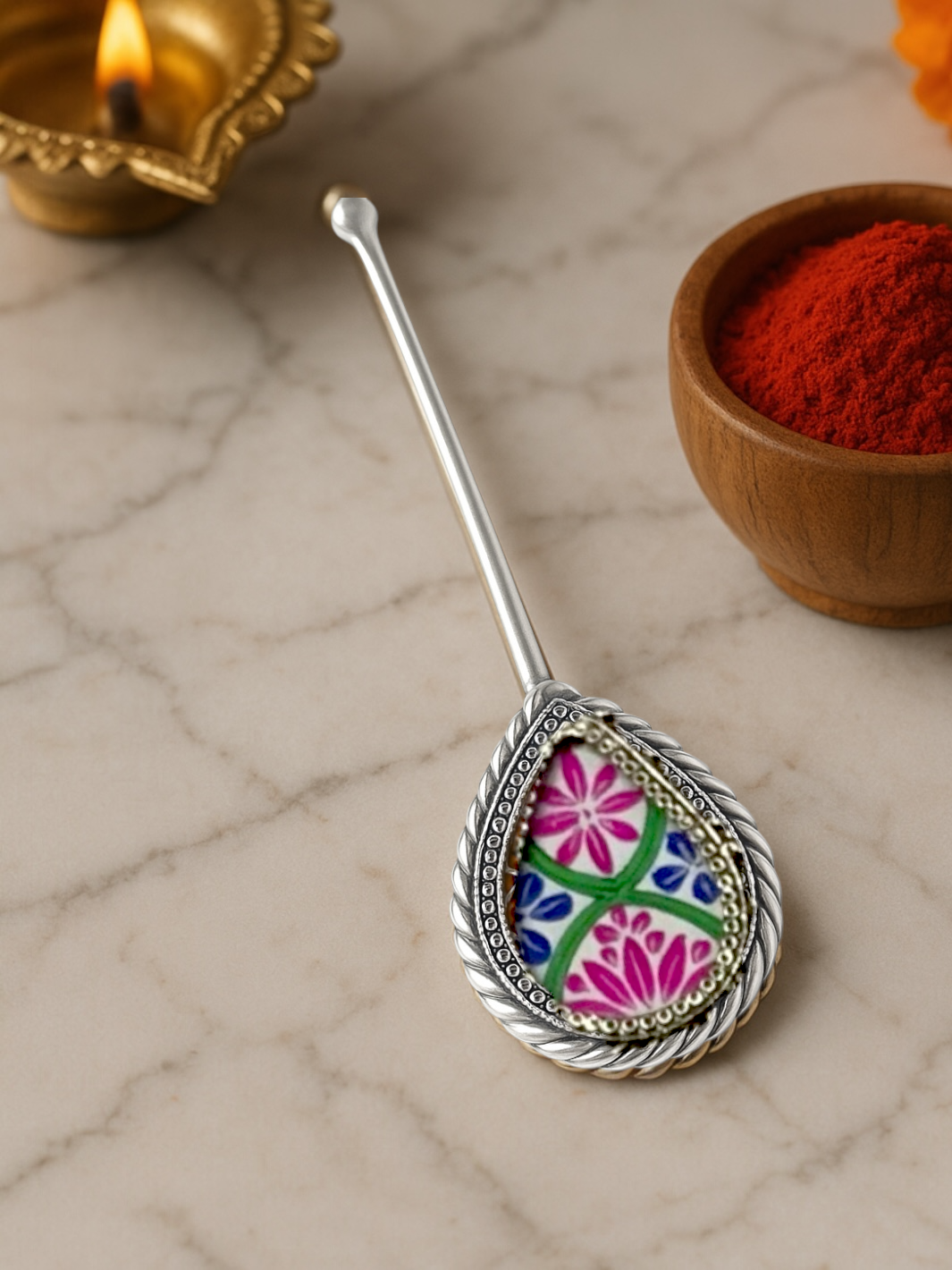 Pure Silver Hand-painted Multicolour Antique Pooja tilakstick