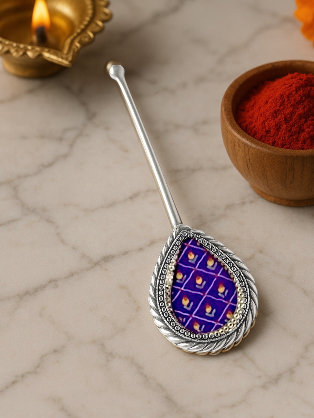 Pure Silver Hand-painted Purple Antique Pooja tilakstick