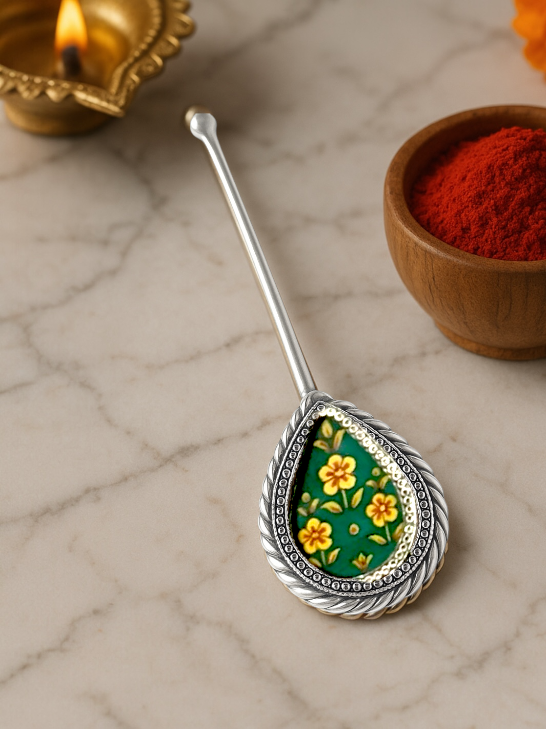 Pure Silver Hand-painted Green Antique Pooja tilakstick