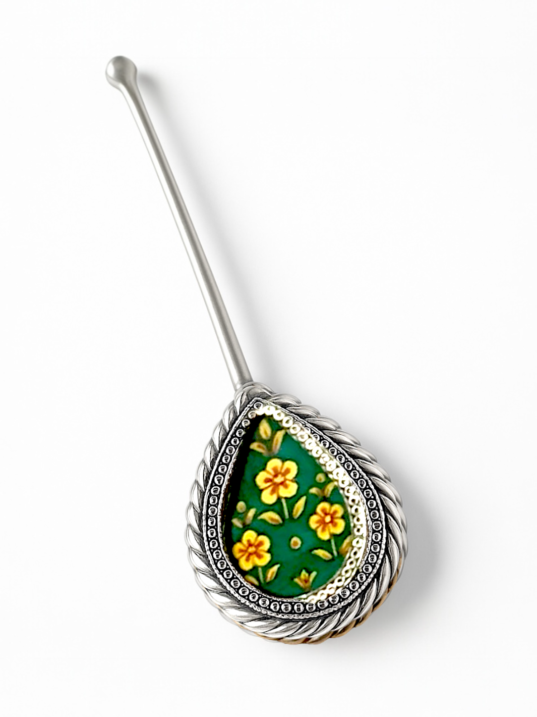 Pure Silver Hand-painted Green Antique Pooja tilakstick