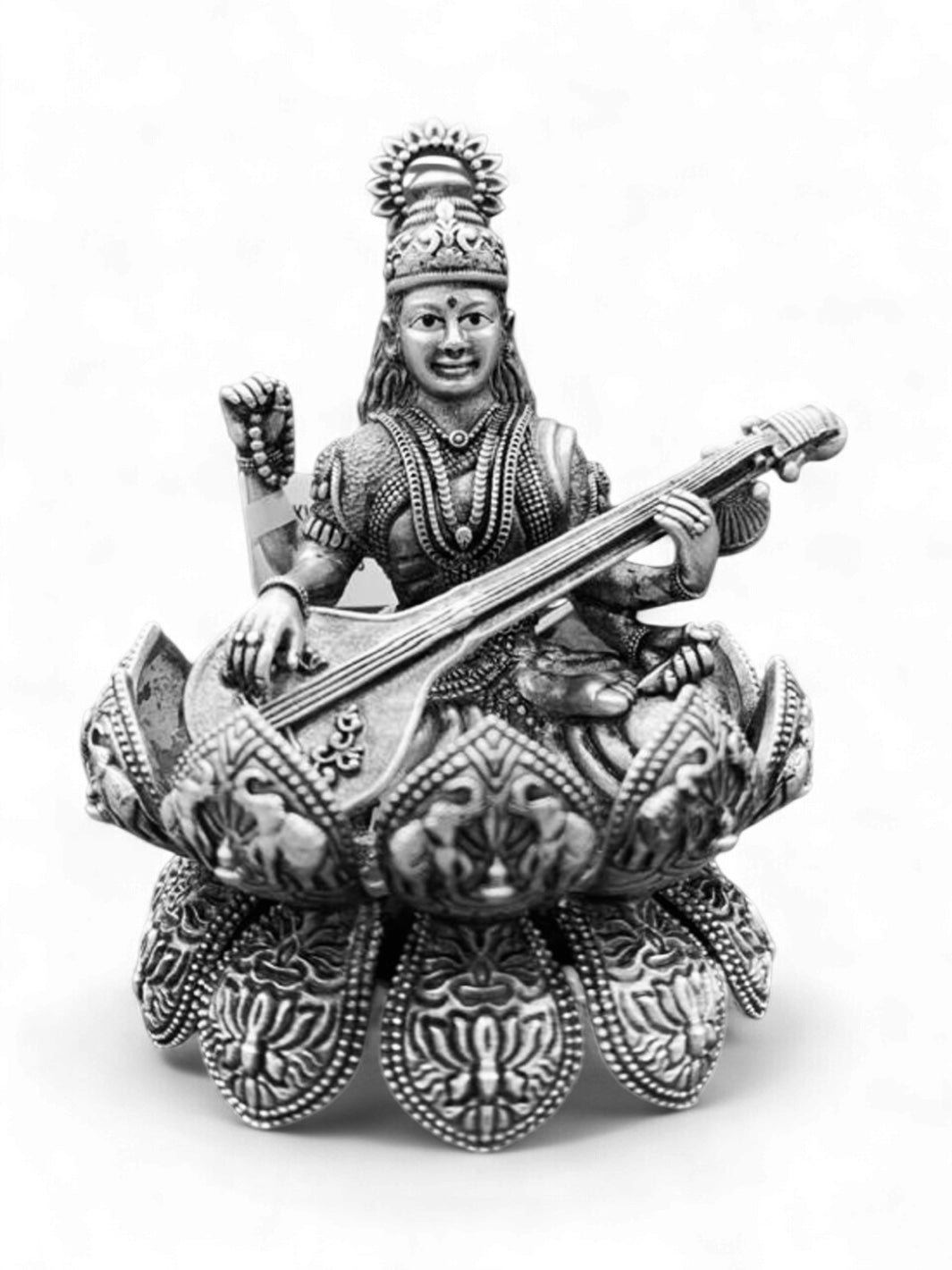 Pure Silver Antique Finish Sarswati on Divine Lotus