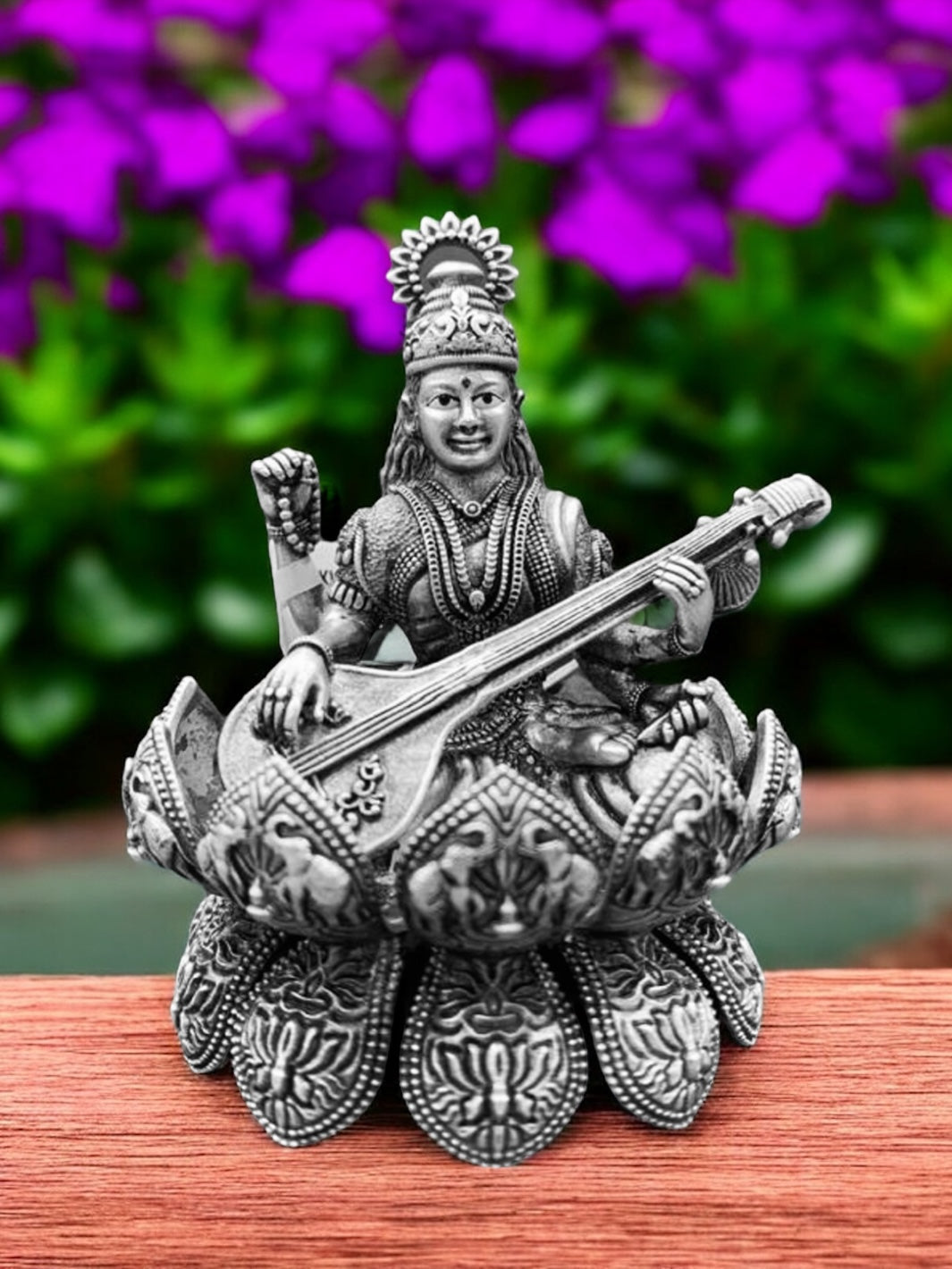 Pure Silver Antique Finish Sarswati on Divine Lotus