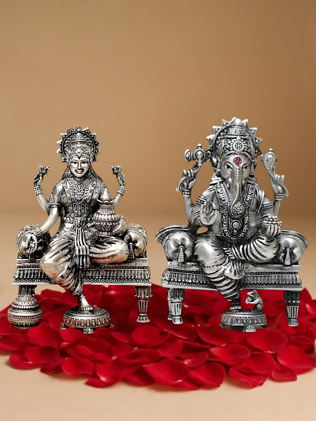 Pure Antique Silver Laxmiji Ganeshji Idol