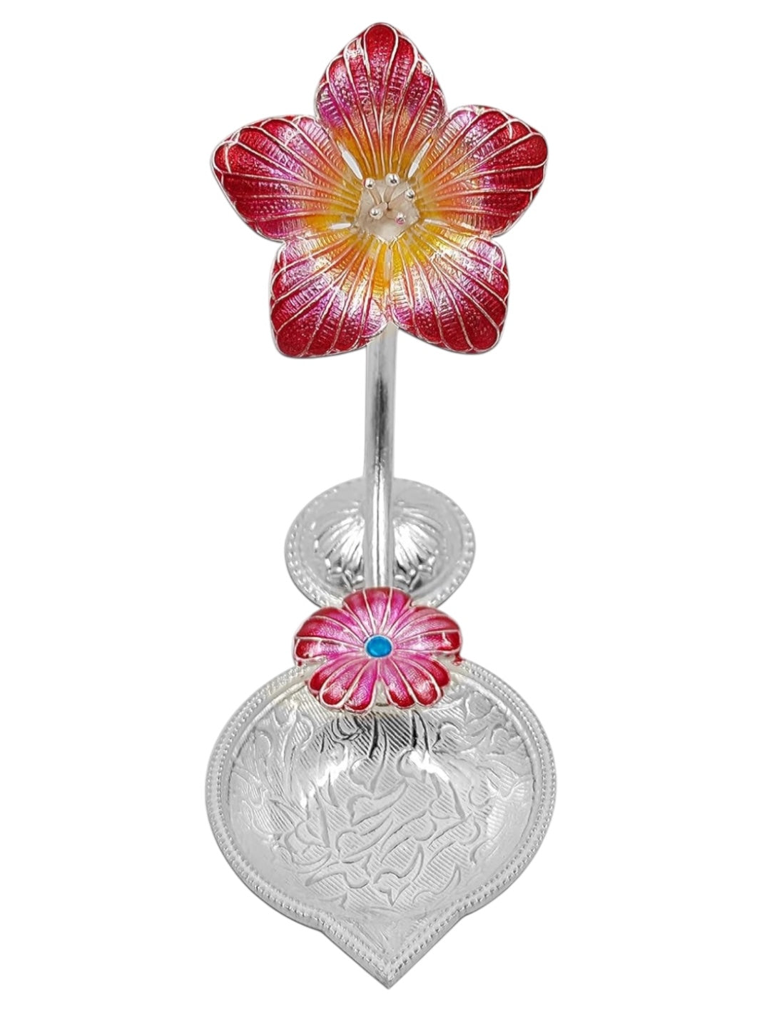 Pure Silver Antique Diya with Red Colour Enamel & Hibiscus Flower Shape Design